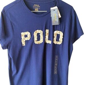 🆕 Polo Ralph Lauren Navy Blue S/S T Shirt POLO Across with Real Shells Sz L